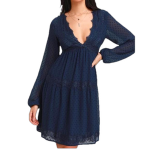 LULUS Wistful Moment Navy Blue Swiss Dot Long Sleeve V-Neck Dress Cottagecore XS